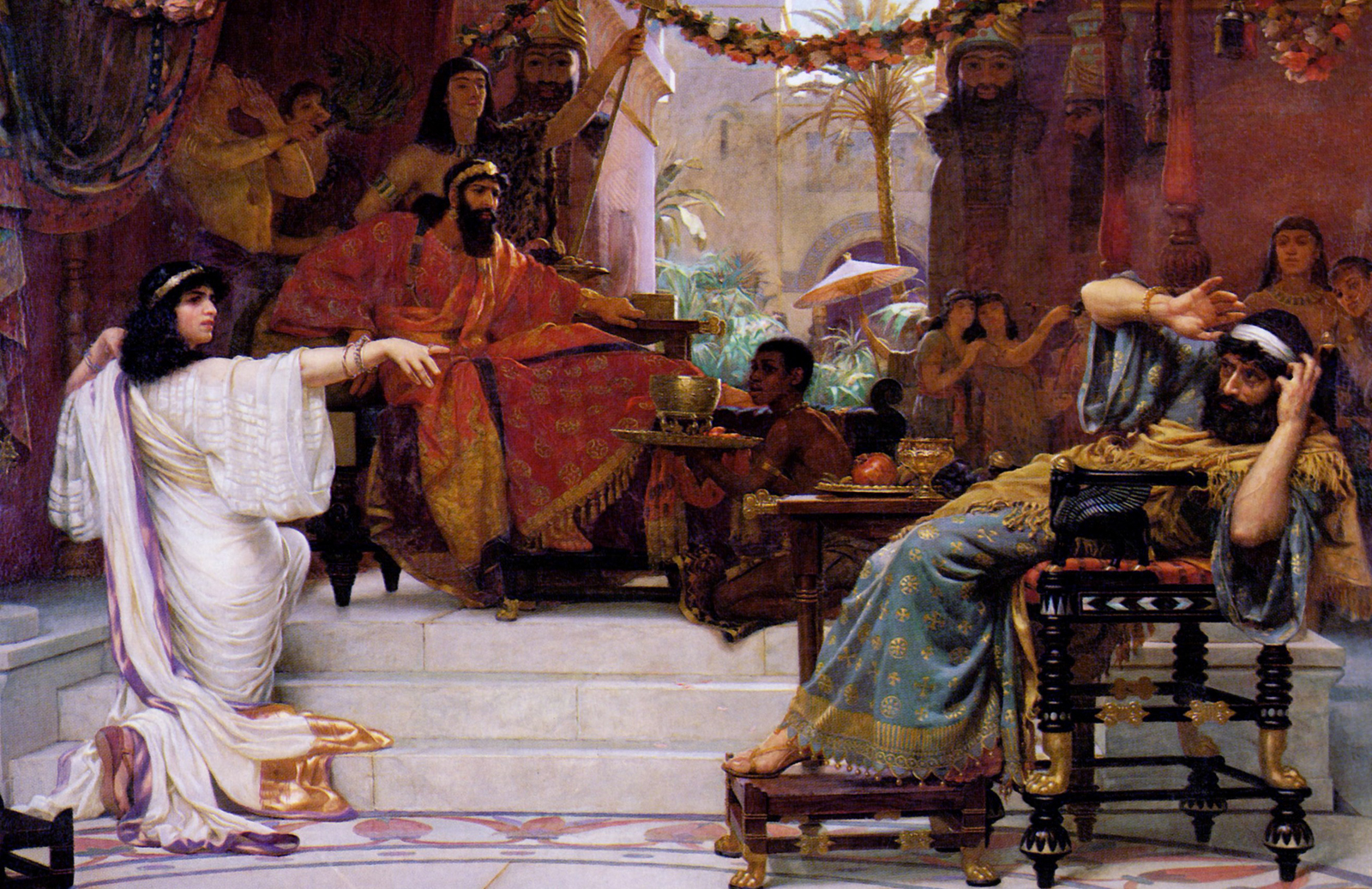 Grafika ilustracyjna: obraz Ernesta Normanda (1888) "Estera demaskuje Hamana na uczcie"