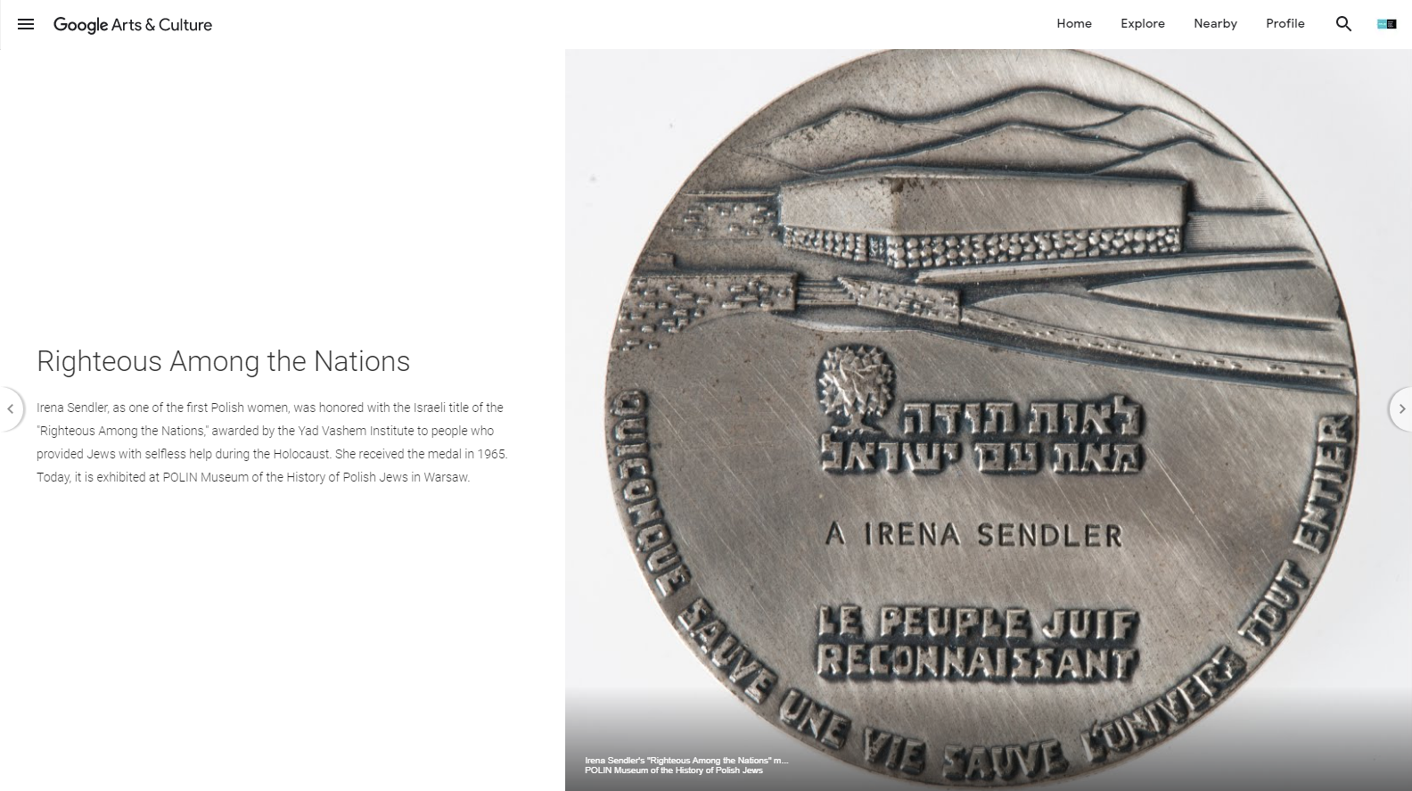 Medal "Sprawiedliwy wśród Narodów Świata" przyznany Irenie Sendler i przekazany przez jej córkę do Muzeum POLIN