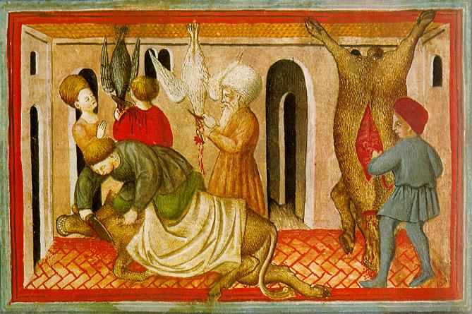 Na obrazie widzimy grafikę: Ilustracja z XV wieku przedstawiająca szechitę – żydowski ubój rytualny.