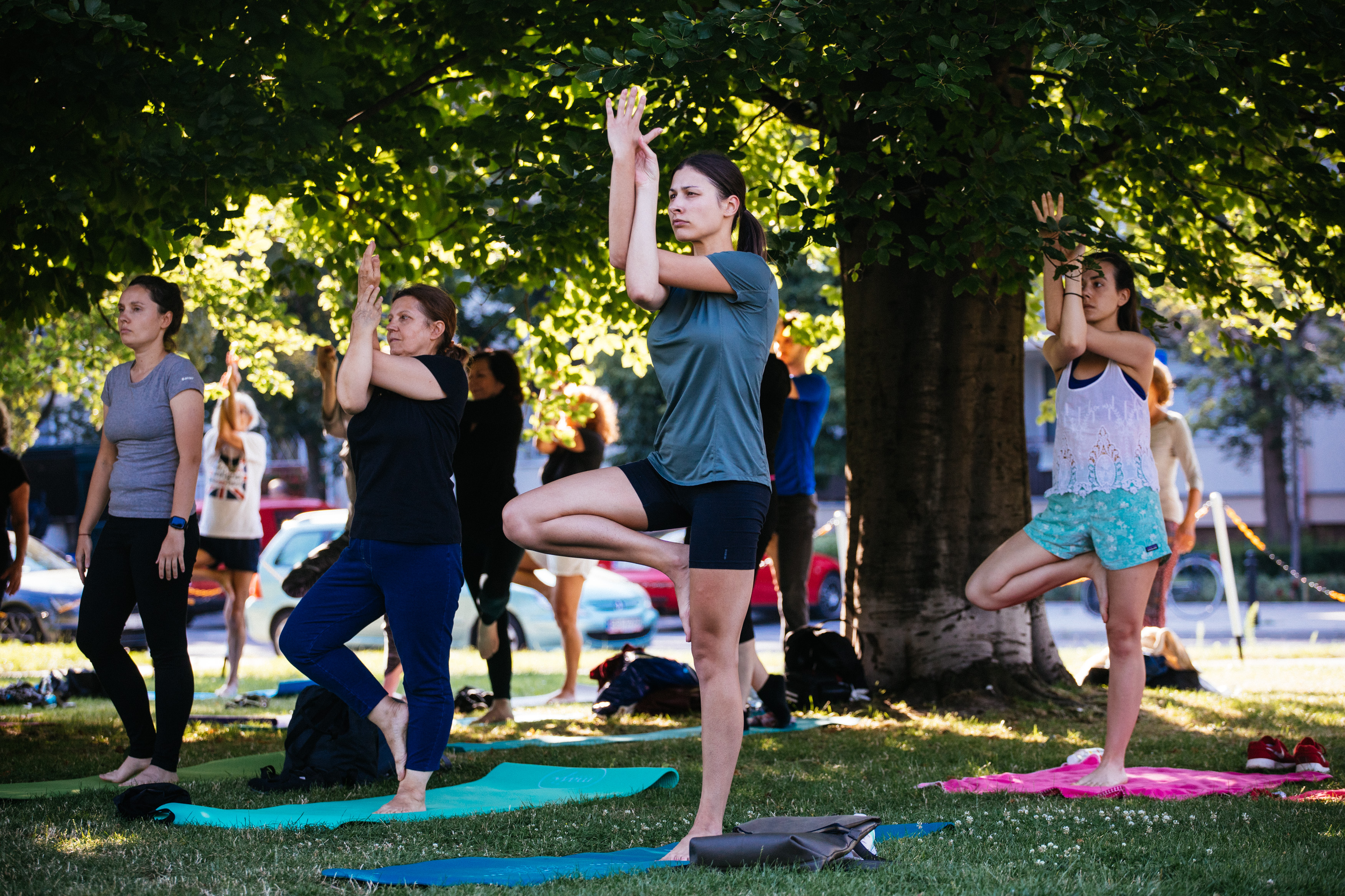 Na obrazie widzimy grupę osób ćwiczących jogę w parku. 