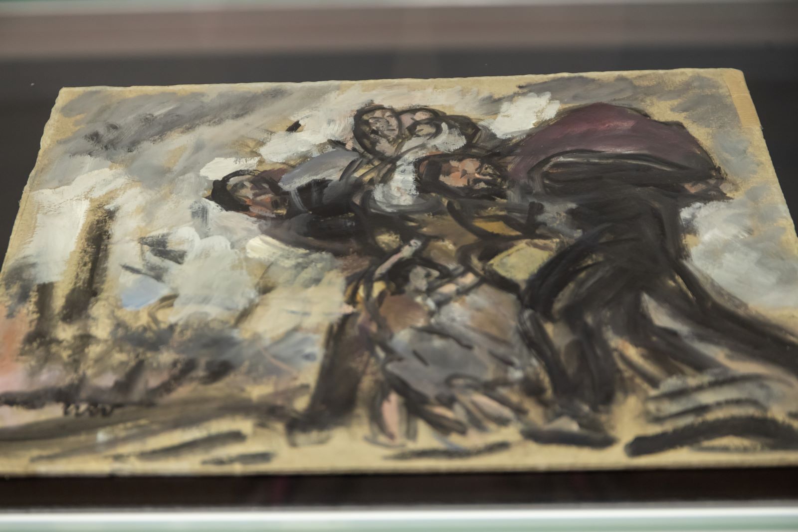 Szkic olejny "Wygnanie" Wojciecha Weissea. Przedstawia skulone, uciekające postacie.