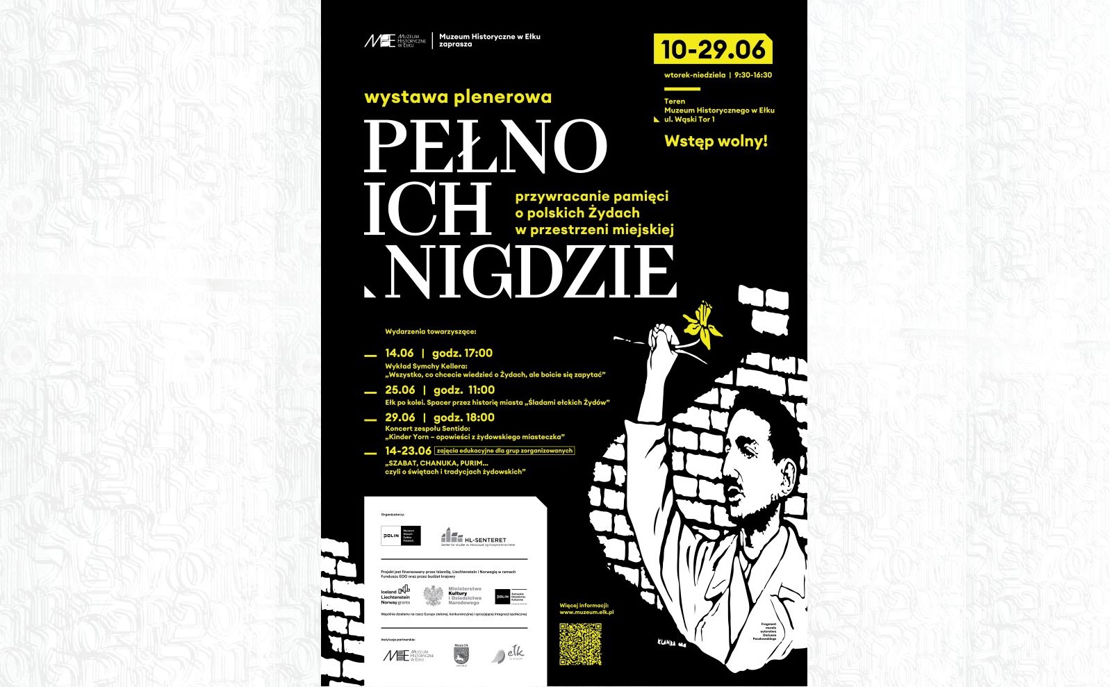 Plakat z rozpiską wydarzeń towarzyszących wystawie "Pełno ich nigdzie" w Ełku
