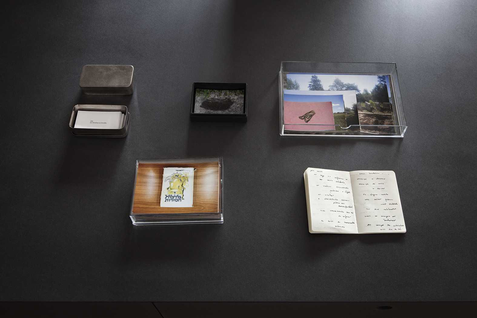 Praca Luisy Nobregi - rezydencja artystyczna w Muzeum POLIN. W gablotach na ścianie znajdują się różne przedmioty, np. kilka obrazków, pamiętnik.