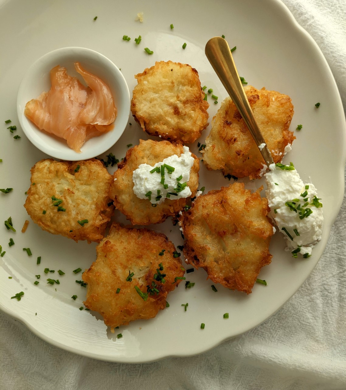 Latkes made by Rachel Manor are on a plate.