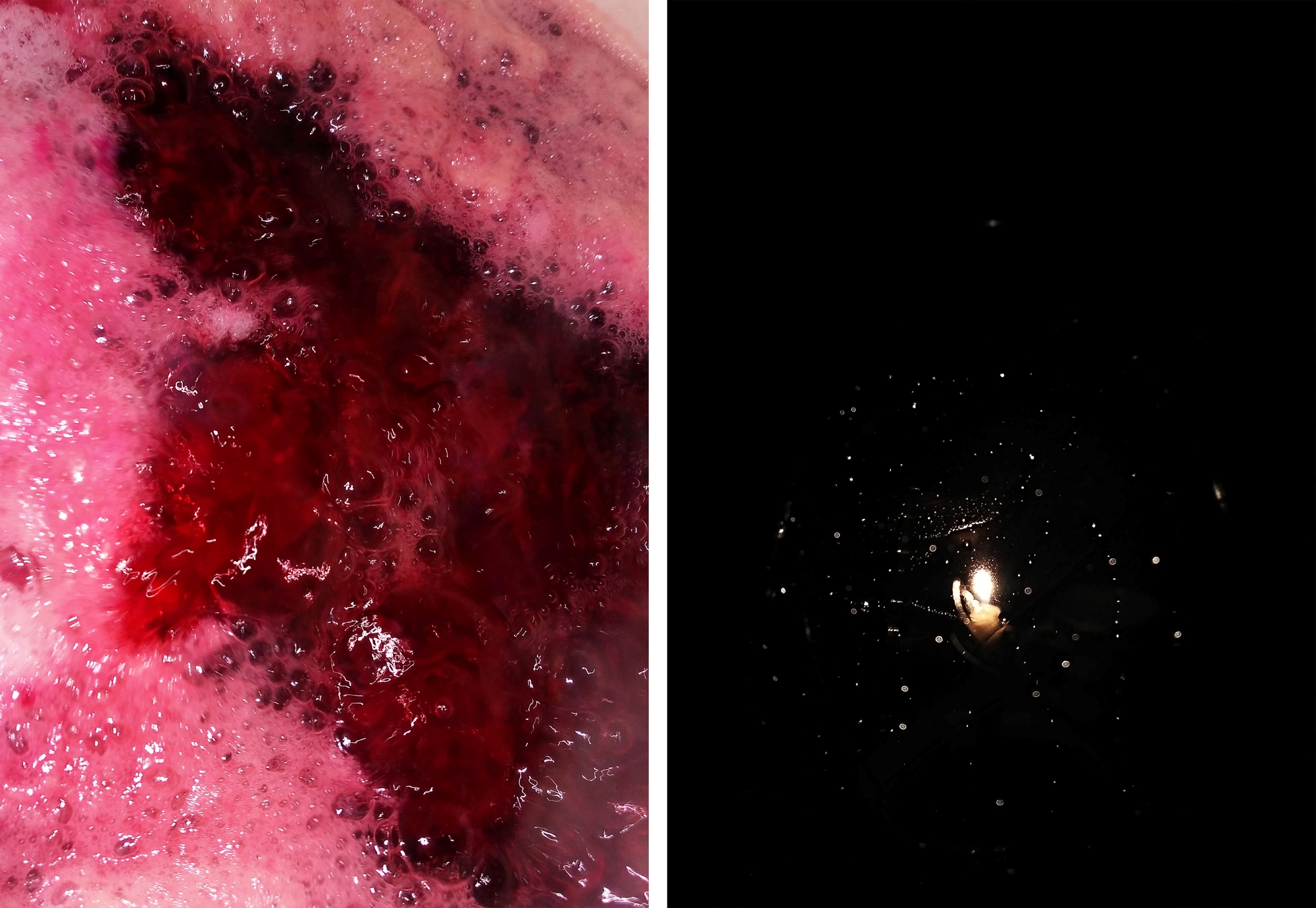 Obraz podzielony na dwie części: z lewej skrzep krwi na skórze, z prawej - lampa świecąca w ciemności.