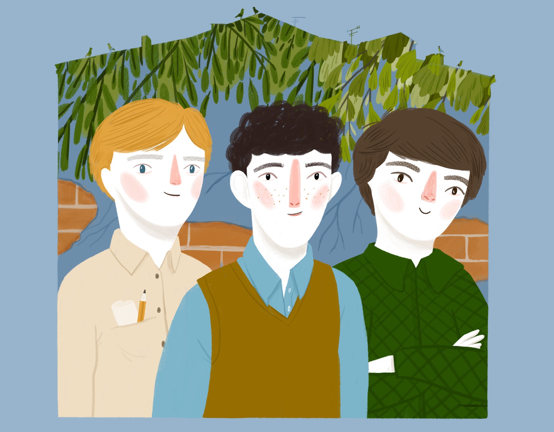 Trzej chłopcy, rudo-, czarno- i brązowowłosy, stoją obok siebie. Nad nimi wiszą zielone gałązki.