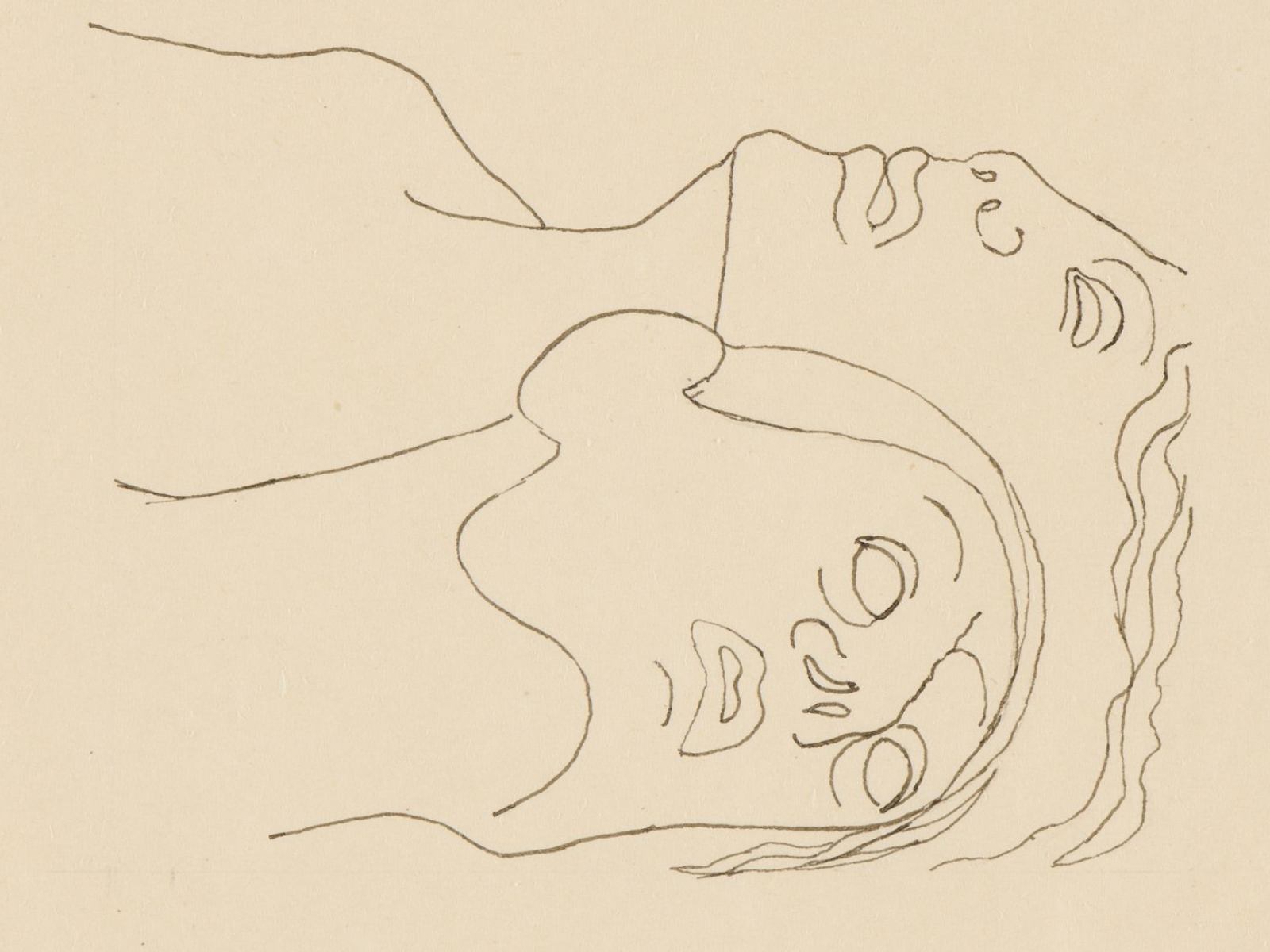 Praca "Entlausung – odwszenie" (ciało Cyganki) z serii "Ręka umarłej" - naszkicowane twarze kobiety i mężczyzny.