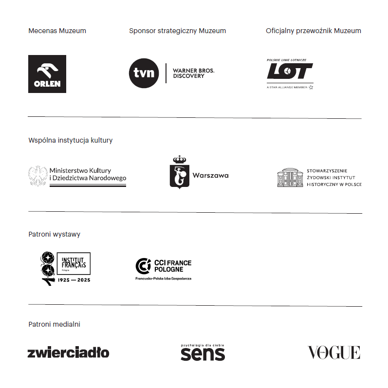 Logotypy organizatorów, partnerów i sponsorów wystawy "Głos(ki)" Aliny Szapocznikow.