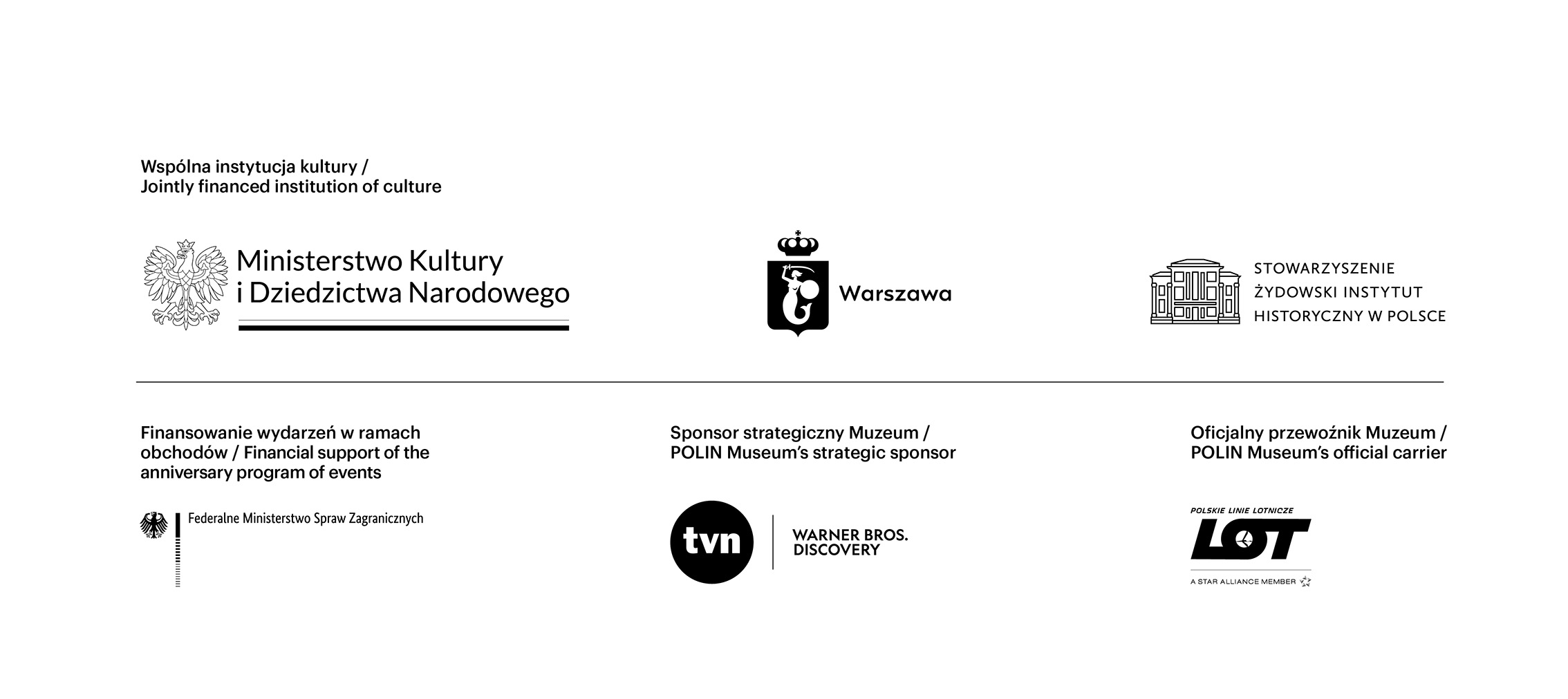 We are here sign, POLIN Museum's ten birthday and logos of partners of anniversary.