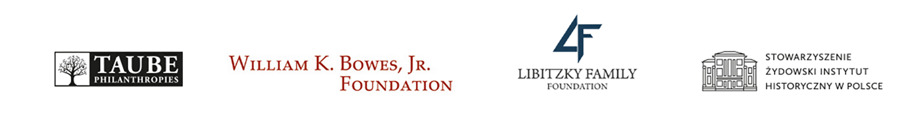 Logo sponsorów programu GEOP: Taube Philantrophies, William K. Bowes, Jr Foundation, Libitzky Family Foundation oraz Stowarzyszenia Żydowski Instytut Historyczny w Polsce.