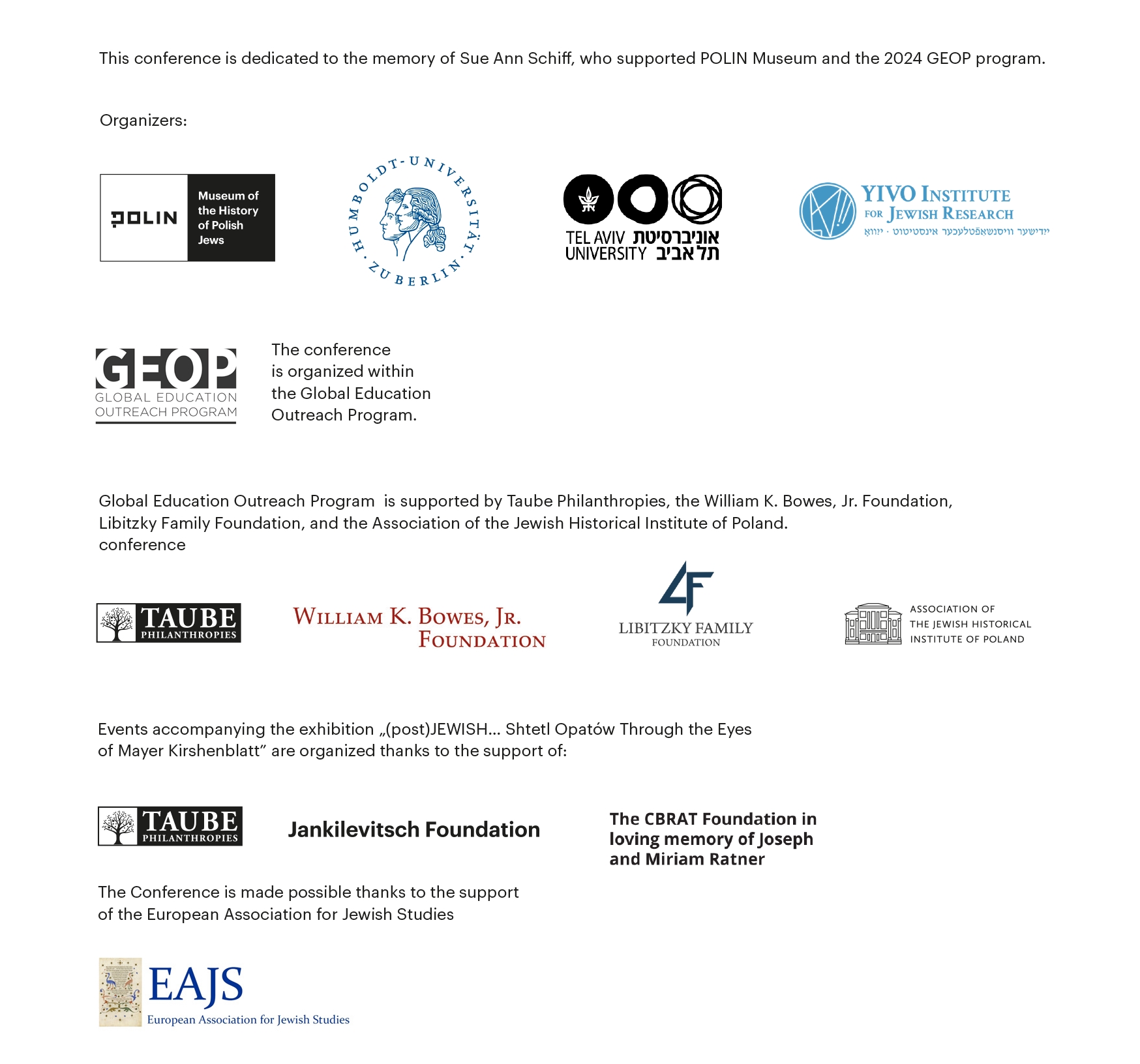 Logos of GEOP, Taube Philantrophies, William K. Bowes, Jr. Foundation, Association of the Jewish Historical Institute of Poland, POLIN Museum, Humboldt University in Berlin, Tel Aviv University and YIVO Institute for Jewish Research