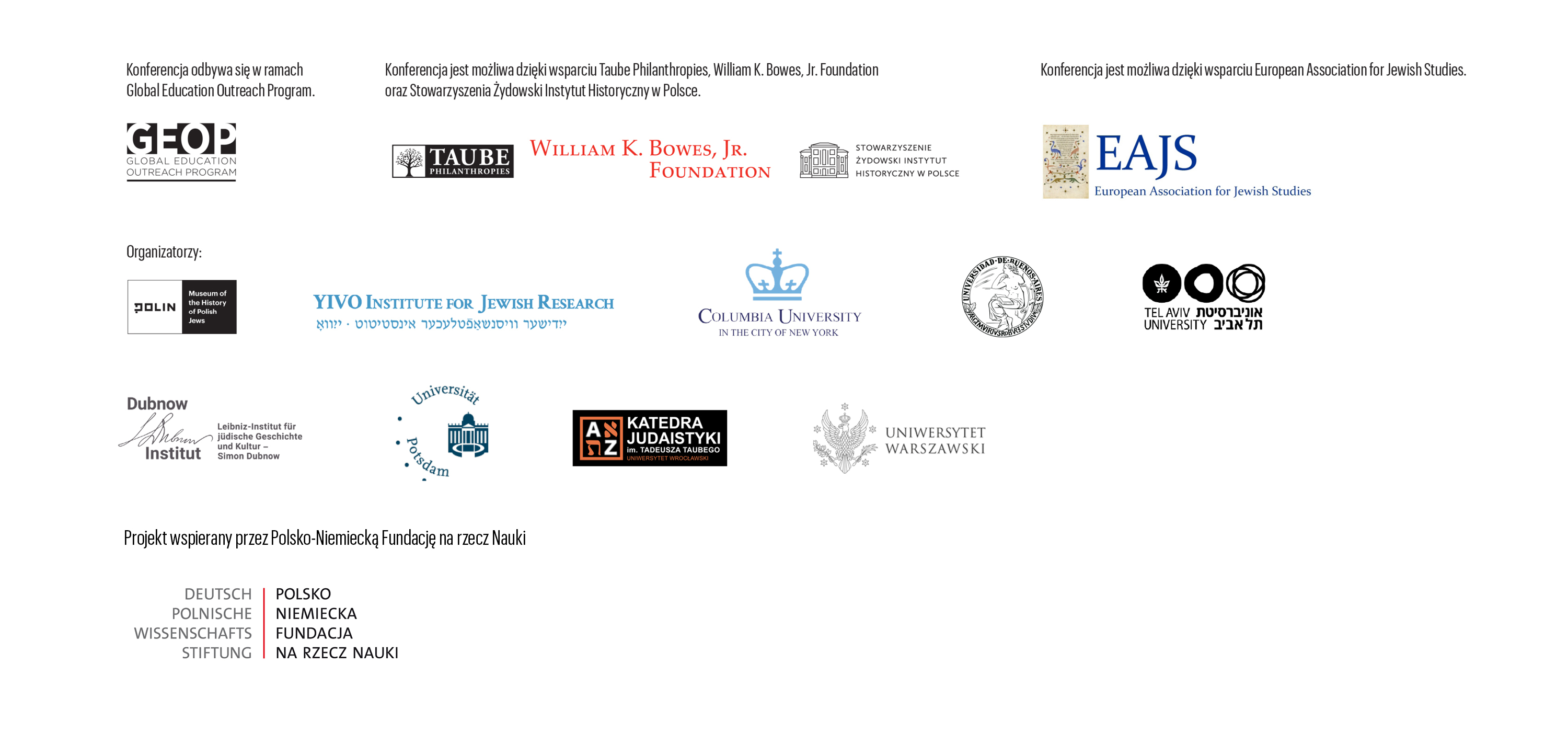 Logotypy organizatorów i partnerów konferencji naukowej pt. Europa Środkowo-Wschodnia na Rozdrożach: Transnarodowe żydowskie sieci i tożsamości
