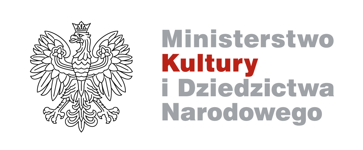 Logo Ministerstwa Kultury i Dziedzictwa Narodowego. Wszystko pisane szarymi literami, oprócz członu Kultury w kolorze czerwonym. Obok napisu, po lewej stronie godło Polski.