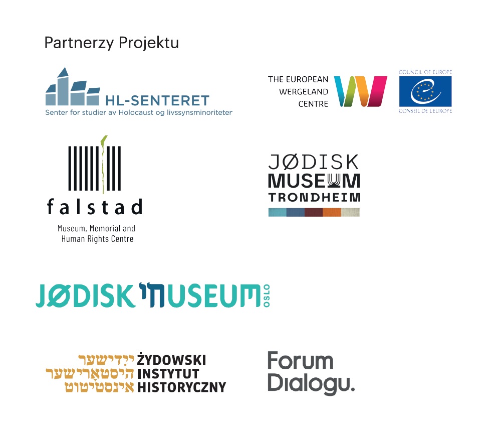 Logotypy HL-Senteret, The European Wergeland Centre, Rady Europejskiej, Falstad Centre, Jodisk Museum Oslo, Jodisk Museum Trondheim, Żydowskiego Instytutu Historycznego i Forum Dialogu.