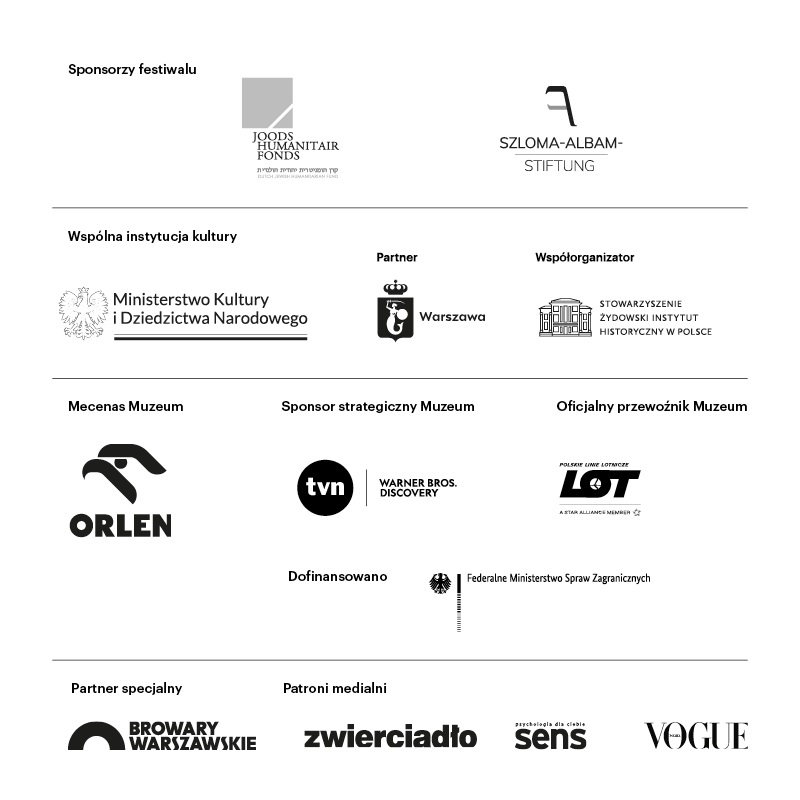 Logotypy organizatorów, sponsorów i partnerów TISZ Festiwalu Żydowskiego Jedzenia 2024