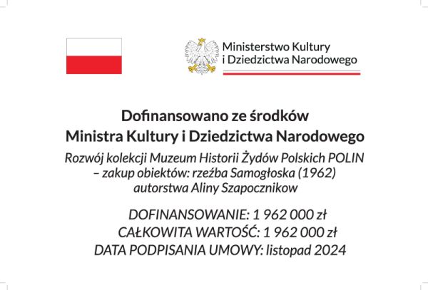 Tablica informująca o dofinansowaniu zakupu dzieła Aliny Szapocznikow z budżetu Ministerstwa Kultury i Dziedzictwa Narodowego