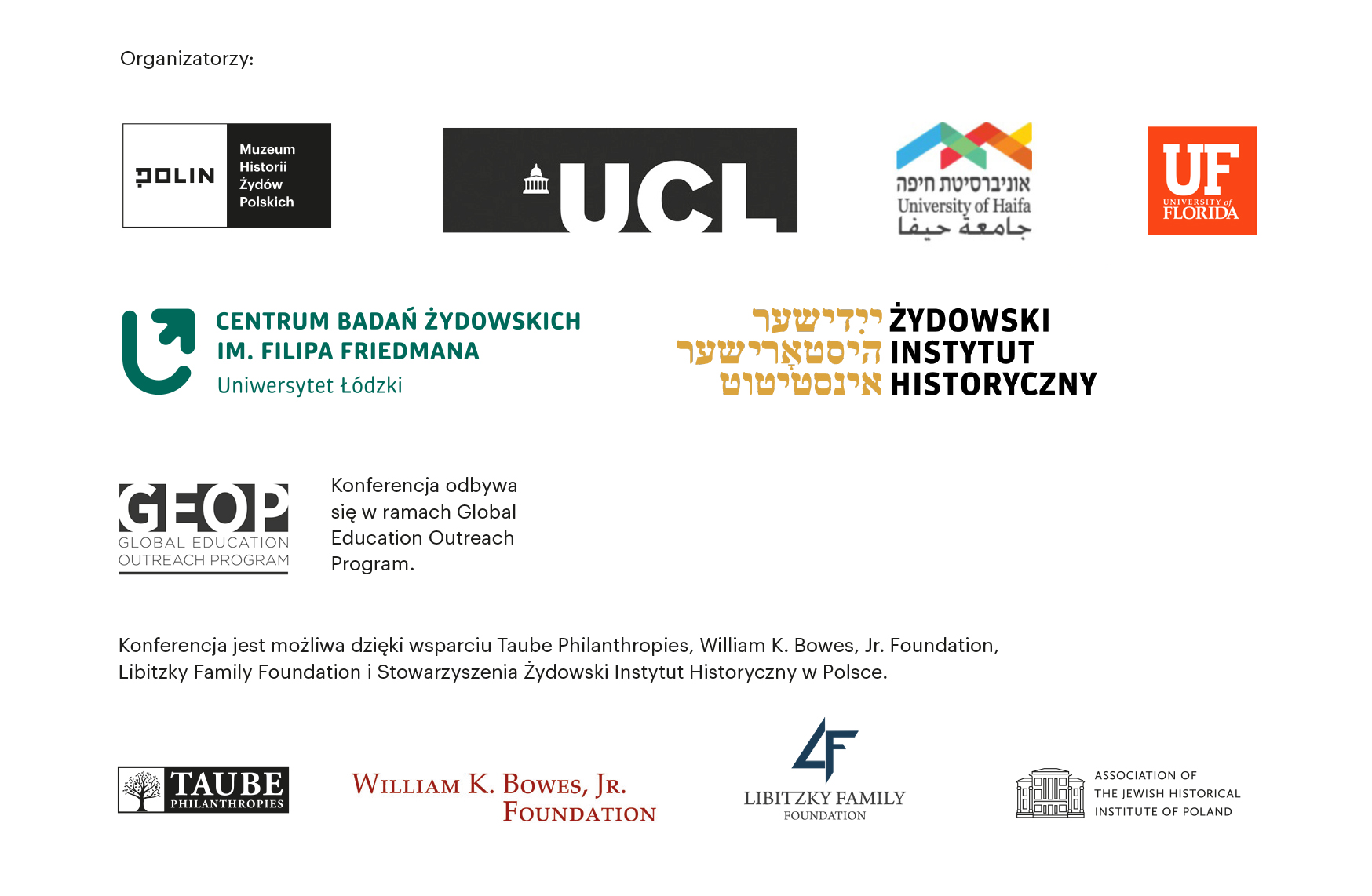 Logotypy organizatorów i partnerów konferencji: programu GEOP, Taube Philantrophies, William K. Bowes Foundation, Stowarzyszenia Żydowski Instytut Historyczny w Polsce, Muzeum POLIN, Żydowskiego Instytutu Historycznego, Uniwersytetu Londyńskiego, Uniwersytetu w Hajfie, Uniwersytetu Łódzkiego i Uniwersytetu Florydy.