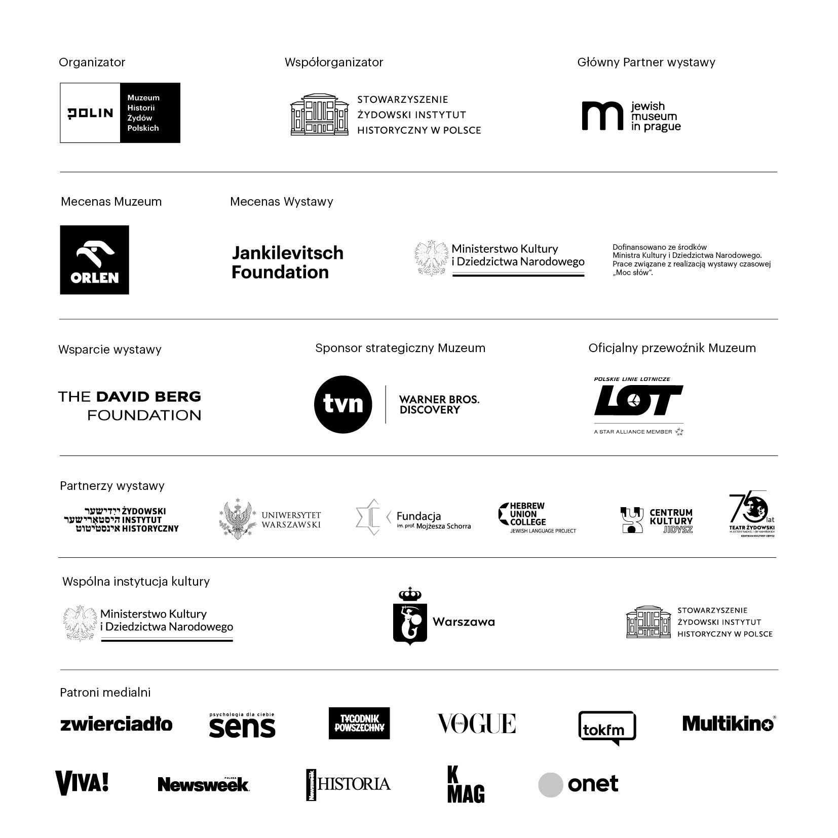 Logotypy organizatorów, partnerów, sponsorów wystawy czasowej Moc słów.
