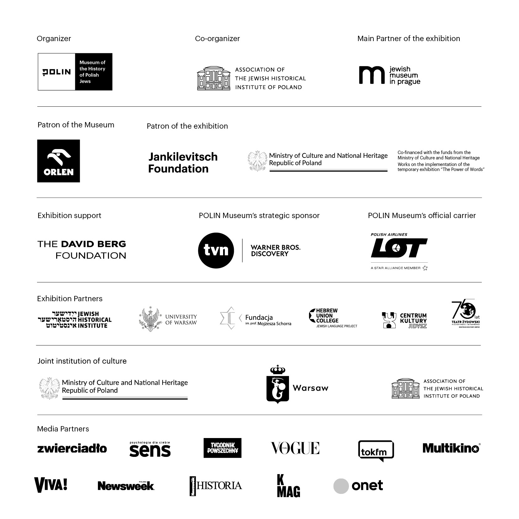 Logos of organizers, partners, sponsors of The Power of Words. On Jewish Languages exhibition.