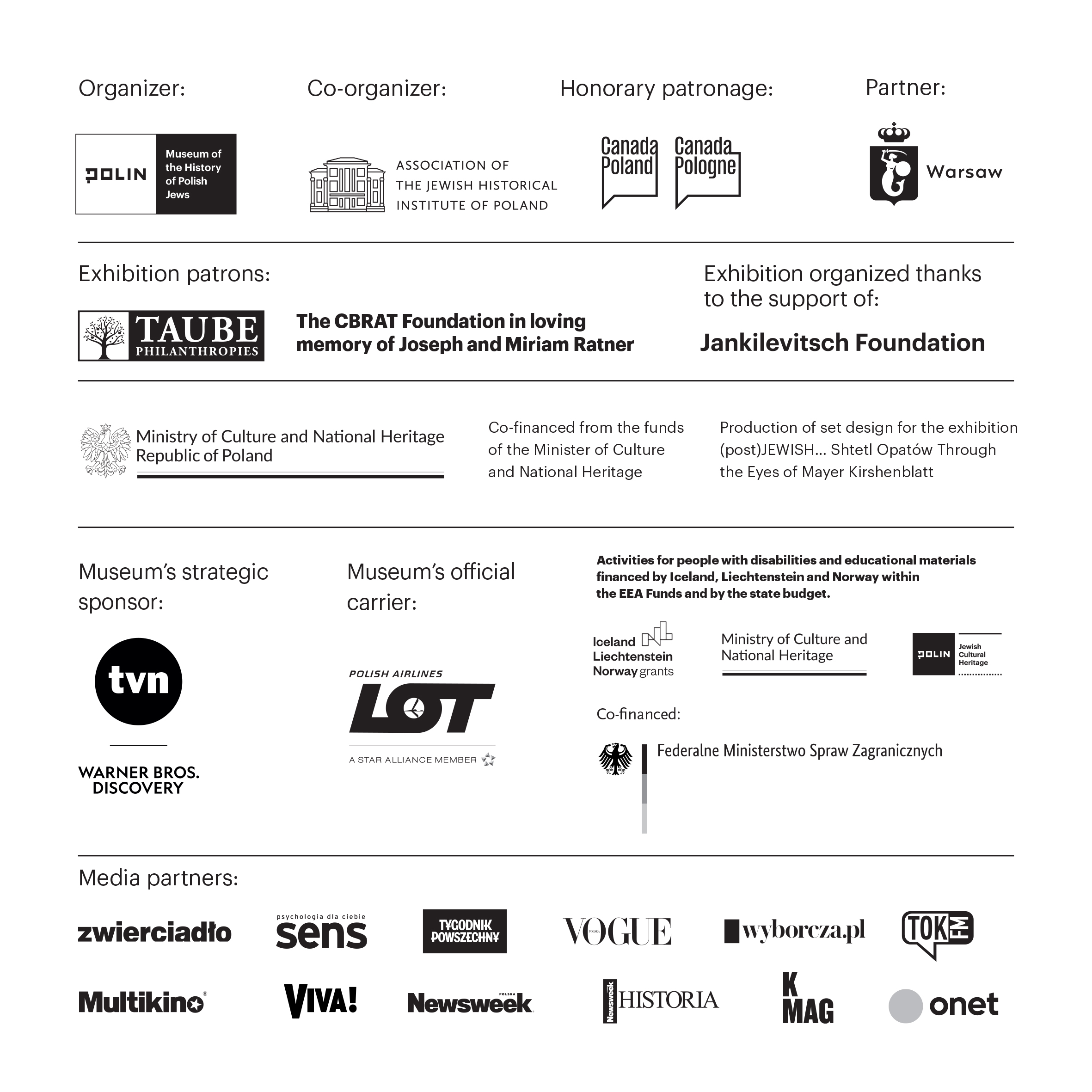 Logos of organizers and partners of "(post)JEWISH" exhibition.