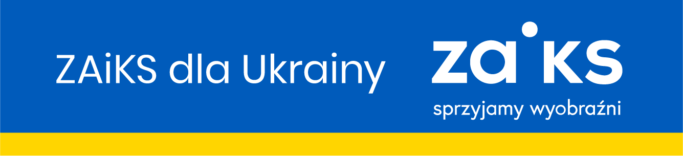 Logo z napisem ZAiKS dla Ukrainy w barwach flagi ukraińskiej - niebieskim i żółtym.
