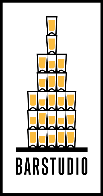 Logo of Bar Studio - tower of filled glasses, underneath the name of the bar.