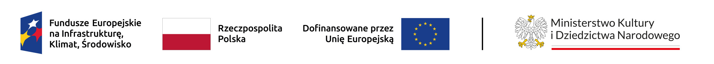 Belka logotypowa projektu FENiKS: Fundusze Europejskie na Infrastrukturę, Klimat Środowisko, flaga Rzeczpospolitej Polskiej, Unii Europejskiej, Ministerstwa Kultury i Dziedzictwa Narodowego