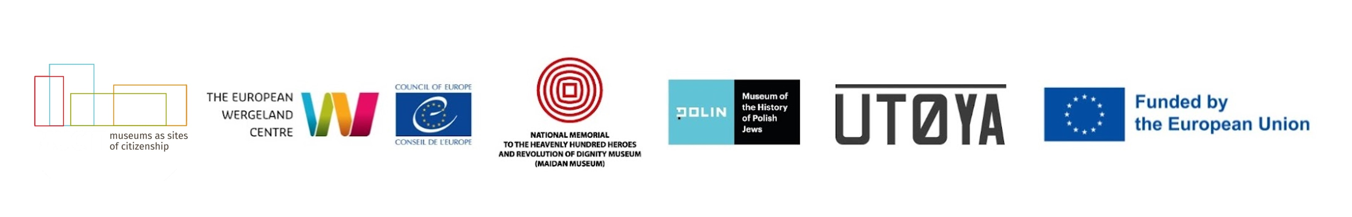 Logotypy uczestników projektu MUCIT: Centrum Wergelanda, Muzeum POLIN, Utøya w Norwegii, Muzeum Majdanu w Ukrainie. Obok logo UE z napisem Funded by European Union