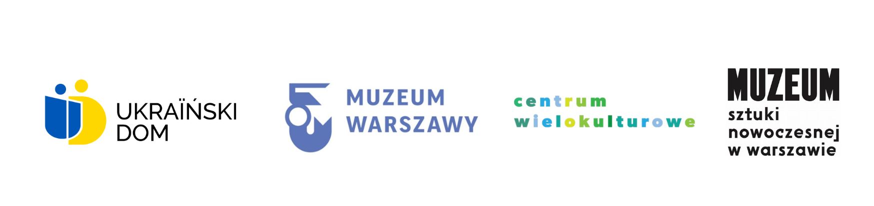 Logotypy organizatorów projektu Warszawa Różnorodna: Ukraińskiego Domu, Muzeum Warszawy, Centrum Wielokulturowego i Muzeum Sztuki Nowoczesnej