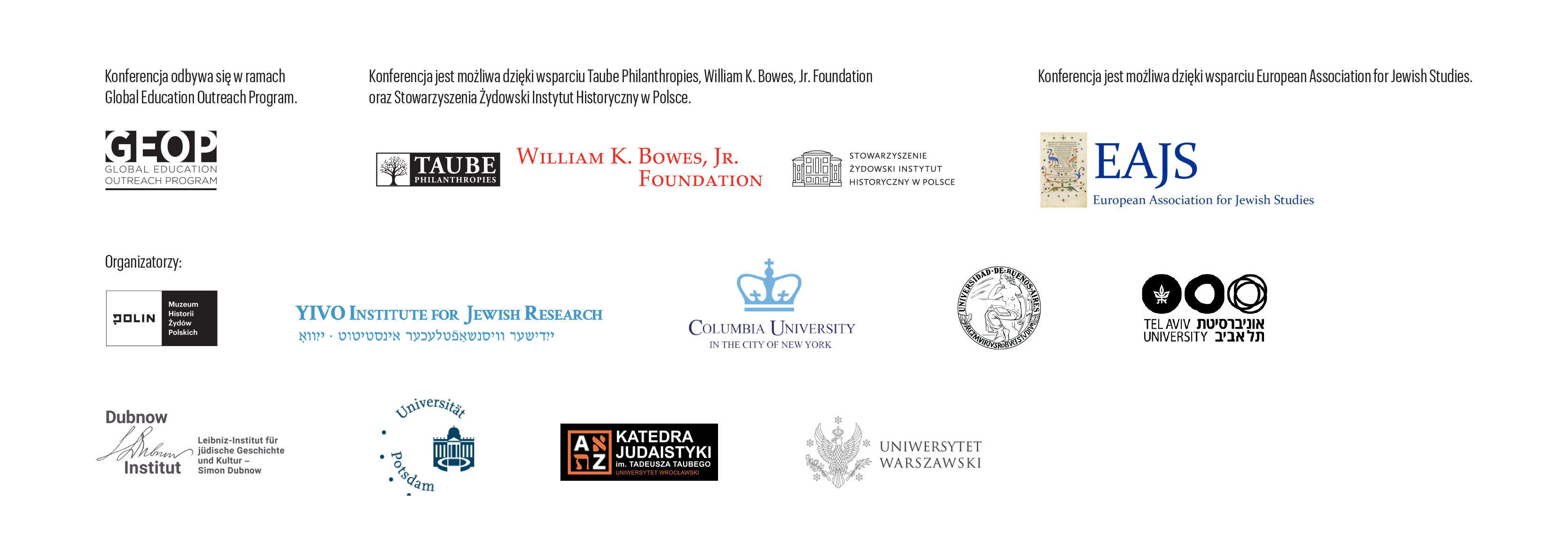 Logotypy organizatorów i partnerów konferencji naukowej pt. Europa Środkowo-Wschodnia na Rozdrożach: Transnarodowe żydowskie sieci i tożsamości.