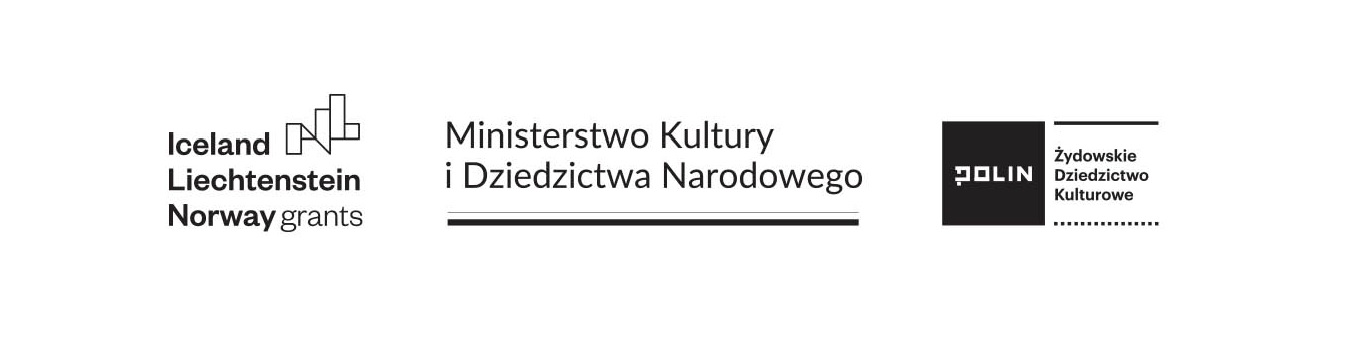 Logo projektu Żydowskie Dziedzictwo Kulturowe - od lewej logotypy Iceland Lichtenstein Norway Grants, Ministerstwa Kultury i Dziedzictwa Narodowego i Muzeum POLIN.