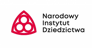 Logo Narodowego Instytutu Dziedzictwa: czerwony kontur przypomina kształt odwróconej tarczy, w środku wypełniają go trzy kulki