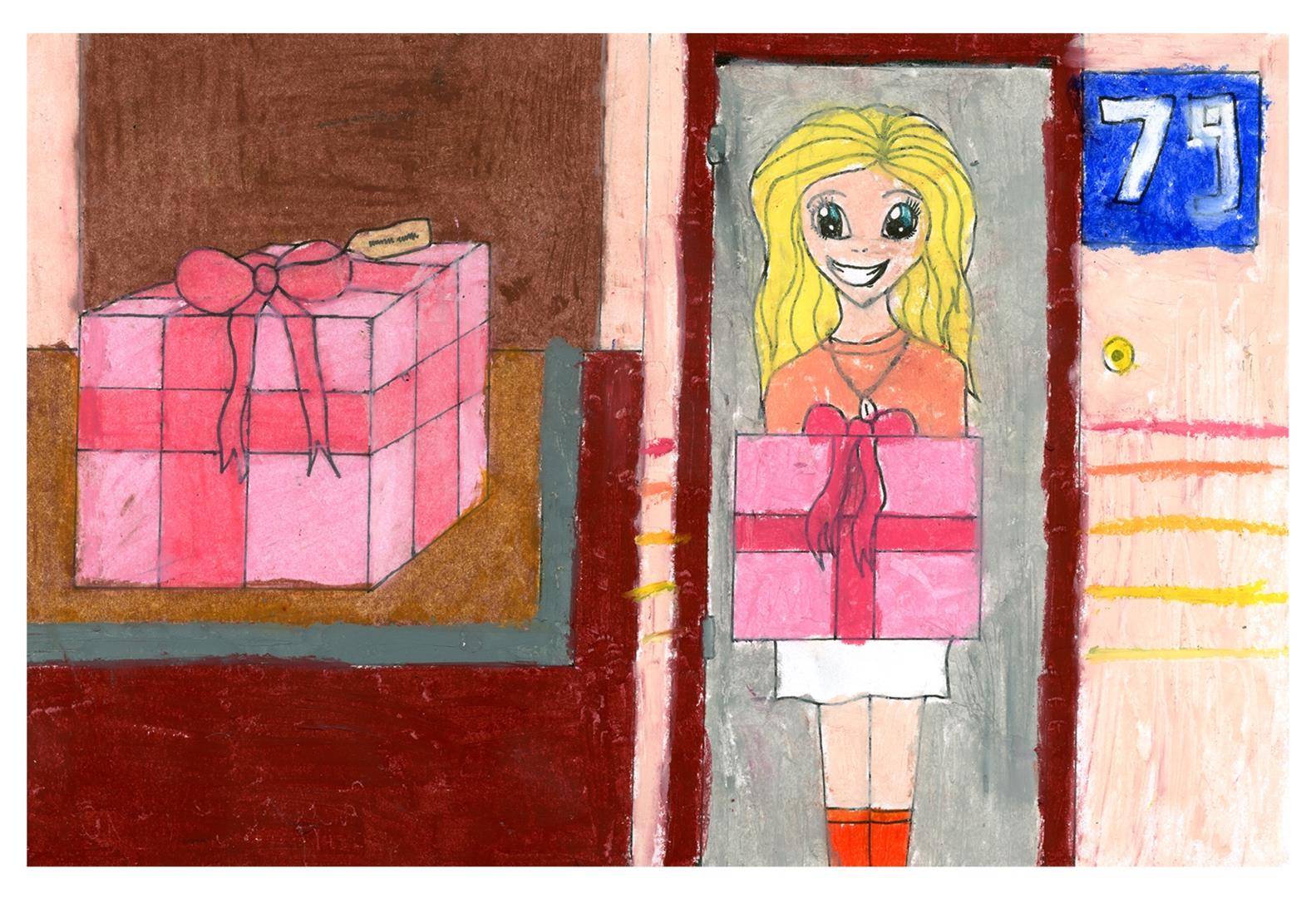 Rysunek przedstawia dziewczynę niosącą prezent.