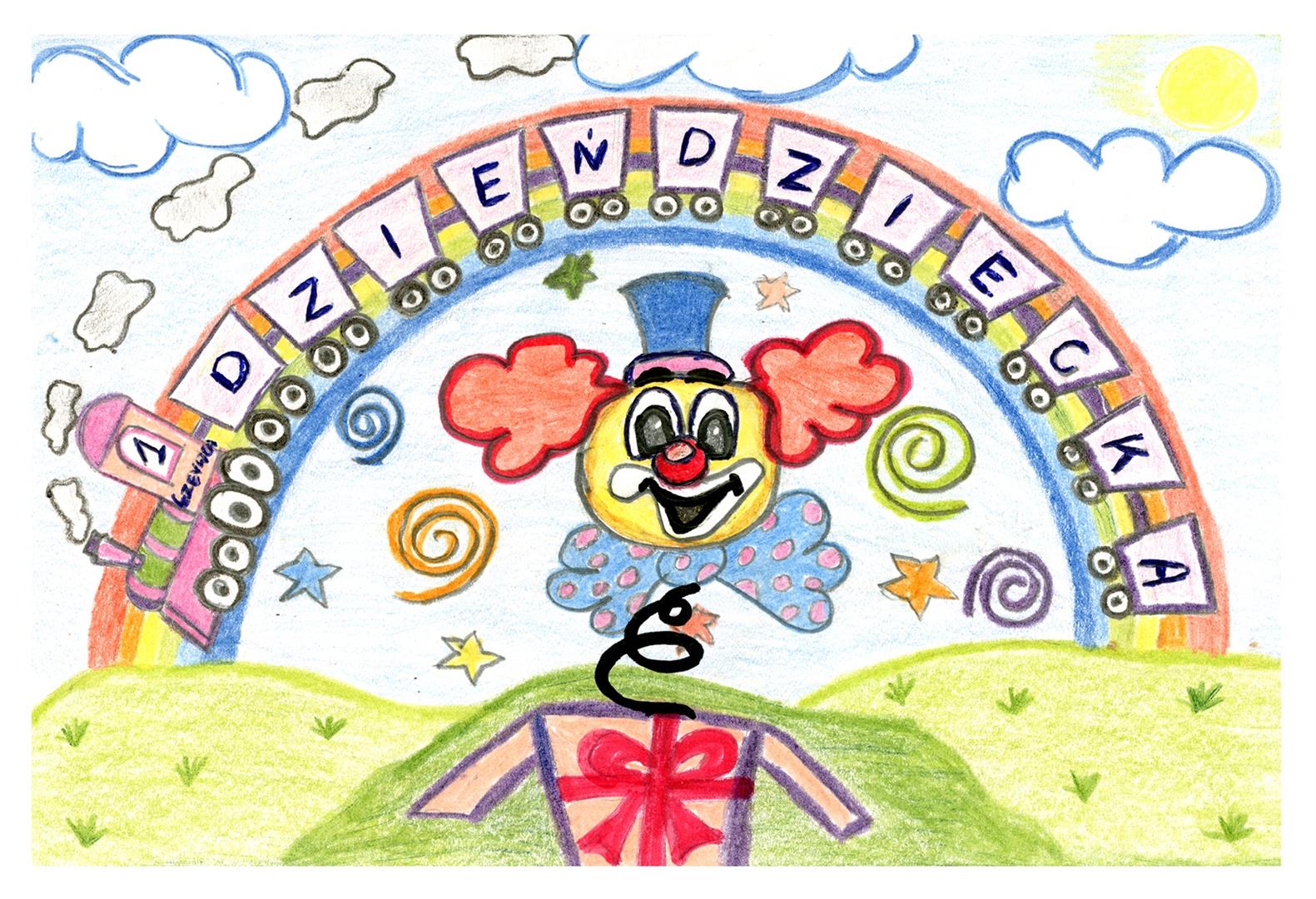 Kolorowy rysunek przedstawia klauna wyskakującego z pudełka na sprężynach. Nad nim tęcza z napisem Dzień Dziecka.