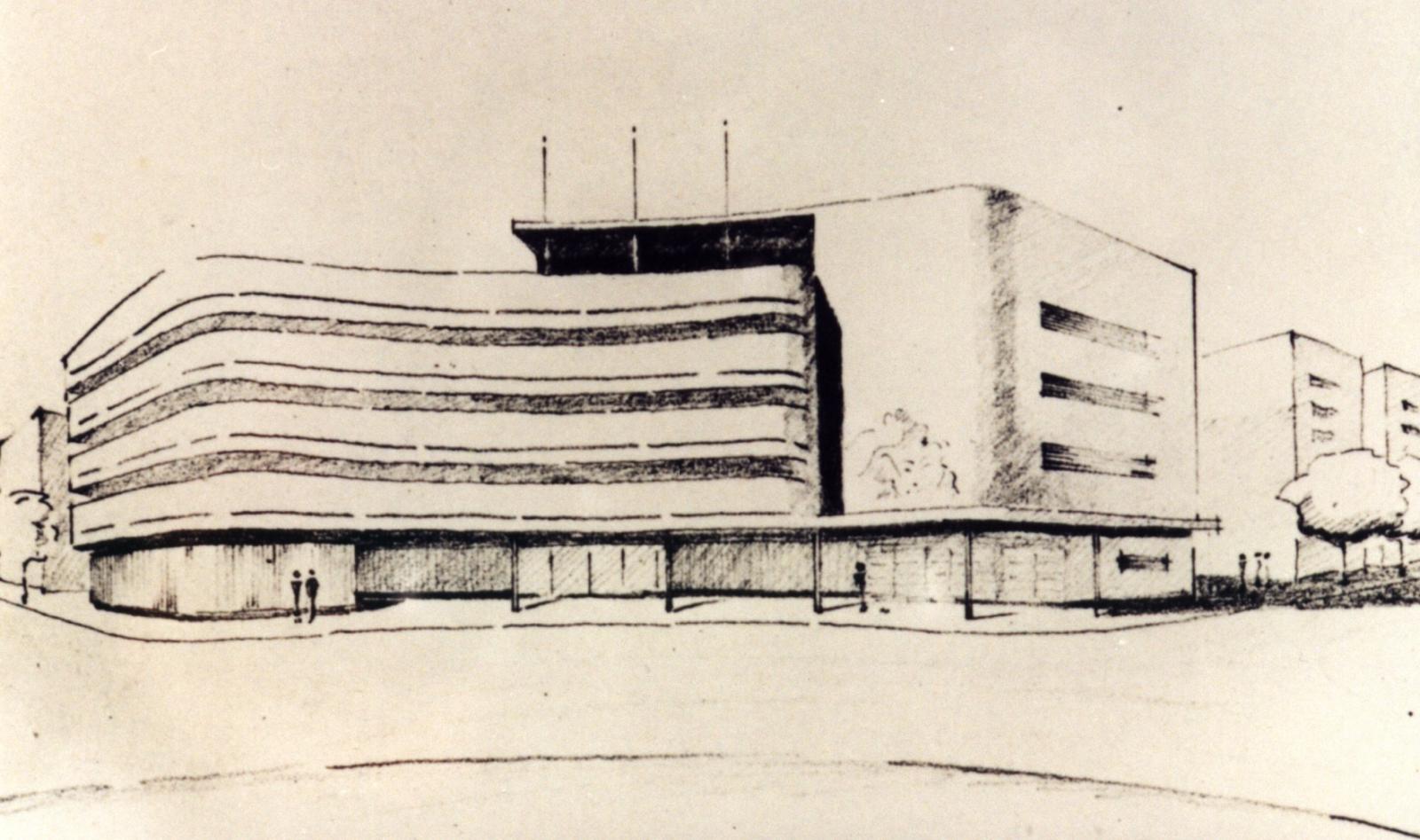 Gdynia-Tel Awiww – utopia zrealizowana? Grafika archiwalna, pożółkła, czarno-biała. Przedstawia odręczny rysunek fasady budynku modernistycznego