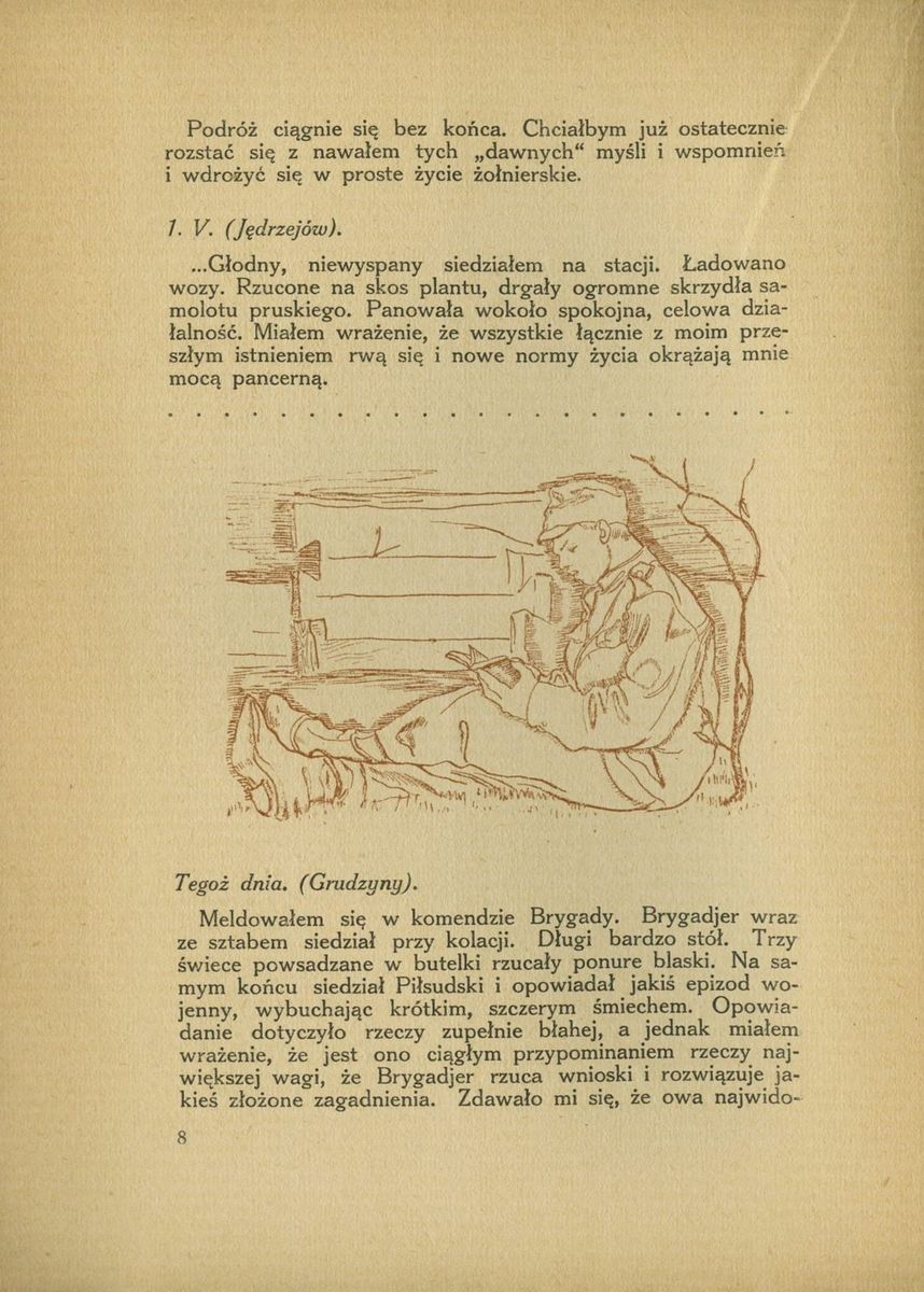 Strona z książki Bertolda Merwina "Z Dulfalvy nad Tagliamento." Na ilustracji oficer Legionów Polskich robi notatki.
