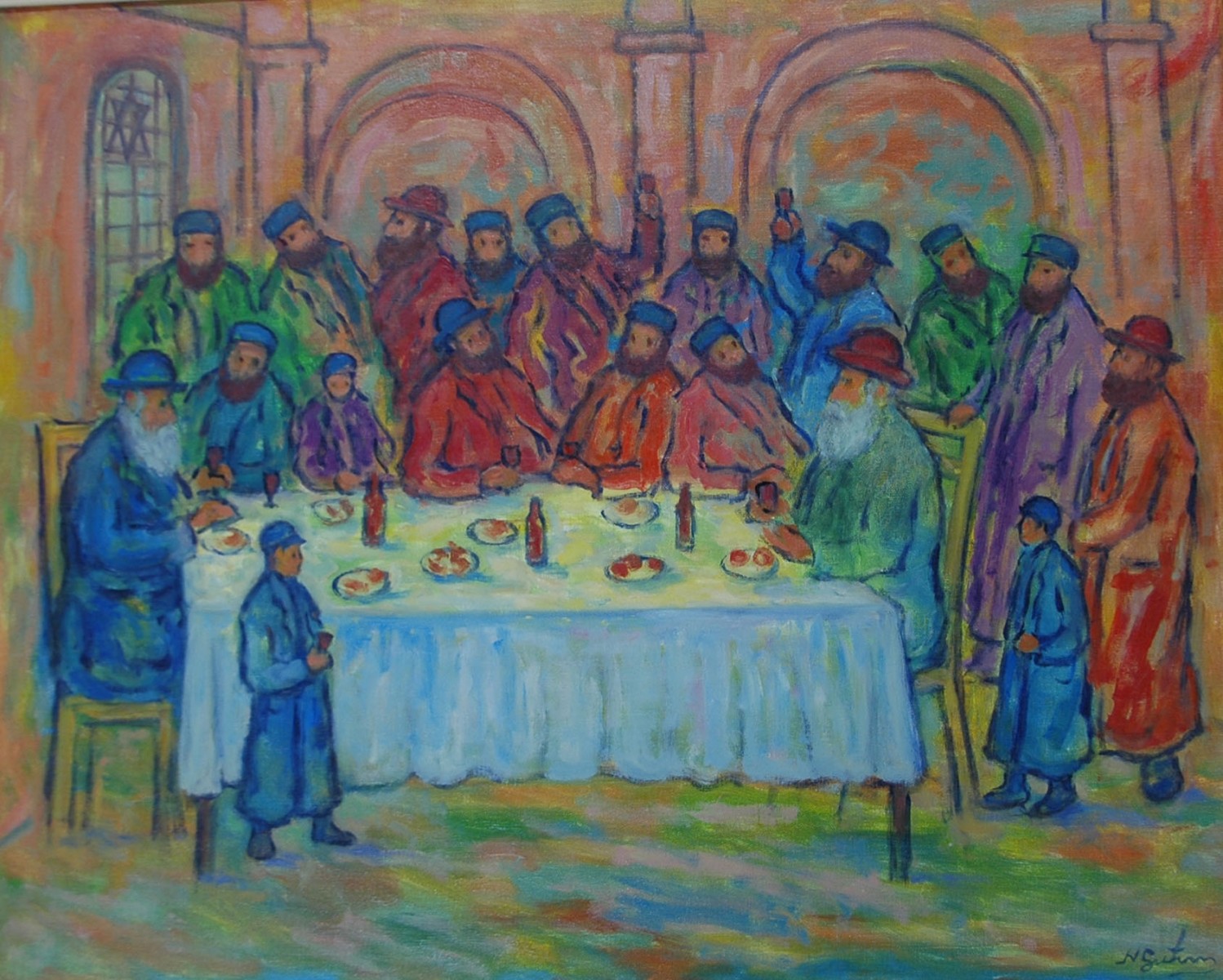 Obraz Natana Gutmana - grupa ludzi przy stole podczas wspólnej wieczerzy.