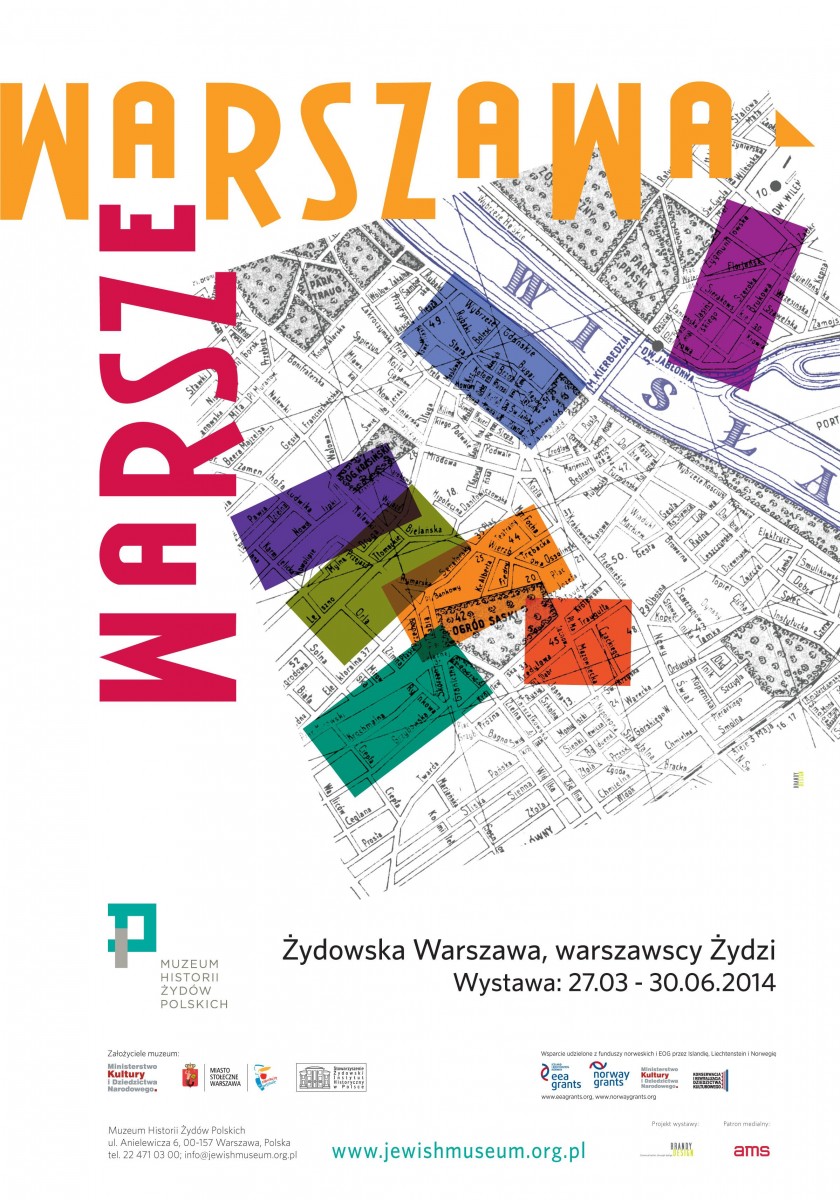 Plakat wystawy "Warszawa Warsze", a na nim część mapy Warszawy