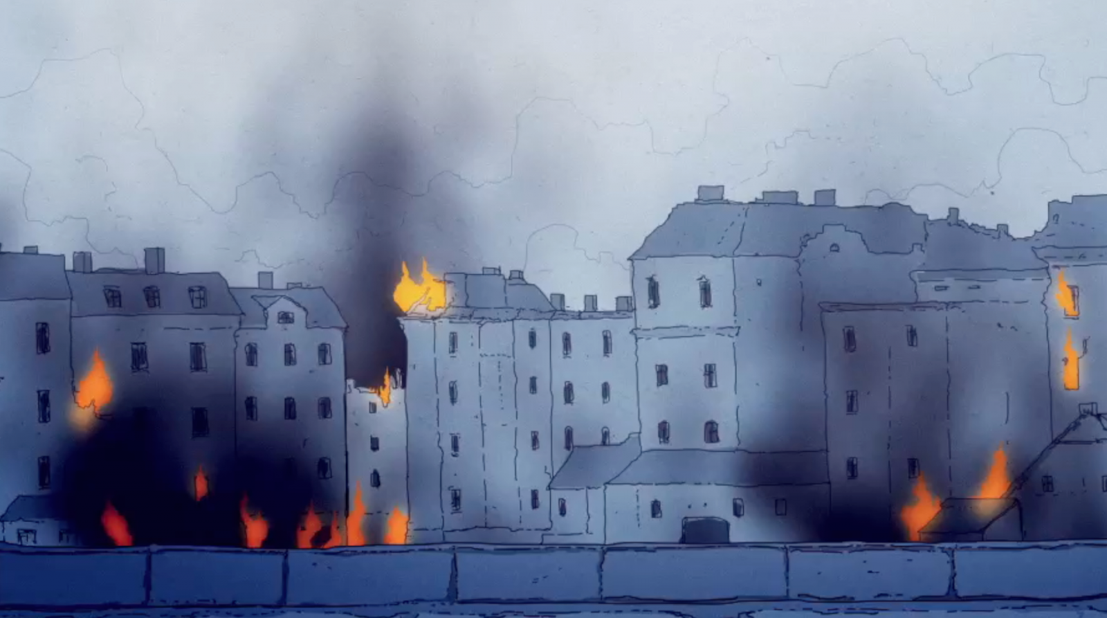 Kadr z filmu "Nie było żadnej nadziei", przedstawia płonące getto warszawskie
