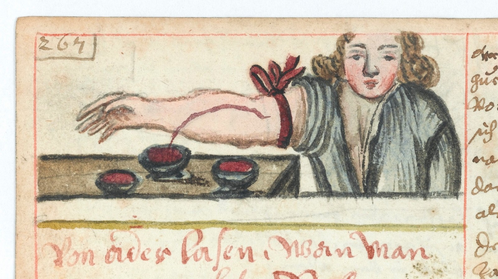 Rysunek przedstawia mężczyznę, z którego żyły do naczynia wypływa krew.