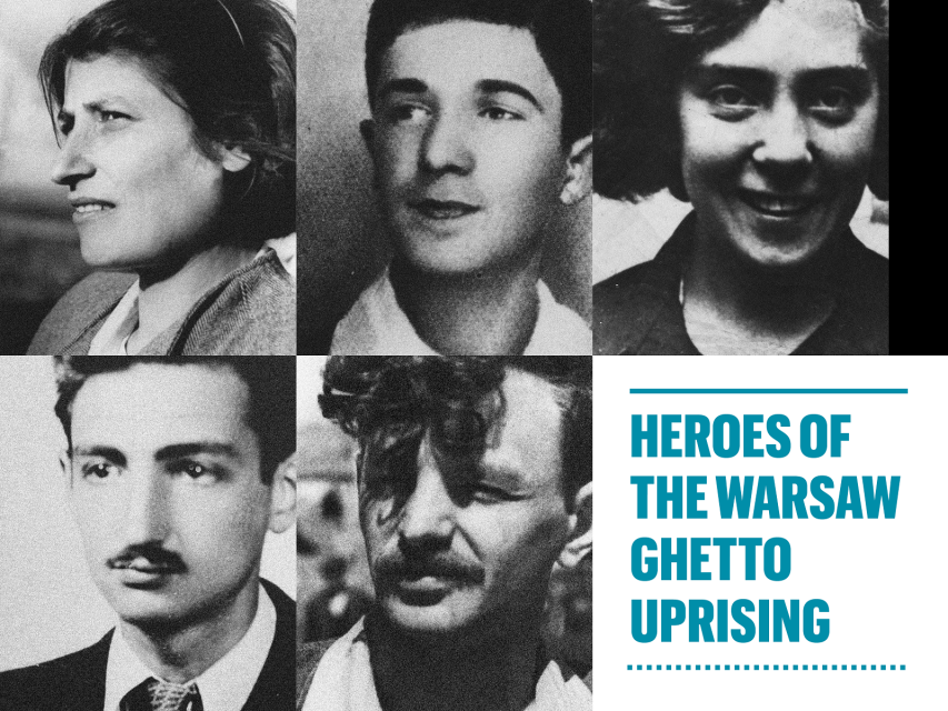 An illustration: from left top: Celina Lubetkin, Mordechaj Anielewicz, Tosia Altman, Marek Edelman, Icchak Cukierman, and the text: Heroes od the Warsaw Ghetto Uprising