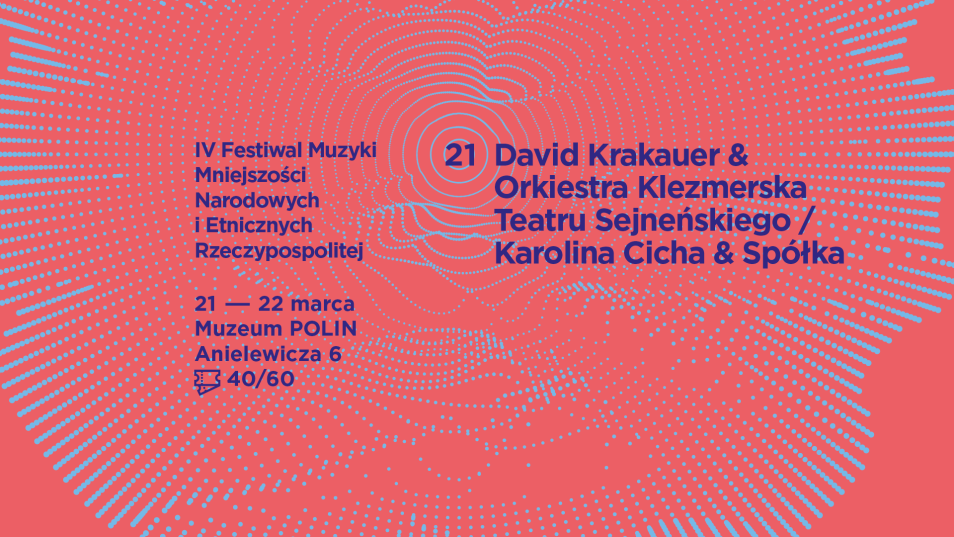 Plakat festiwalowy, na którym podane są lokalizacja i terminy trwania festiwalu (21-22 marca 2020, Muzeum POLIN, ul. Anielewicza 6) oraz gwiazdy wieczowu: 21 marca - David Krakauer & Orkiestra Klezmerska Teatru Sejneńskiego / Karolina Cicha & Spółka