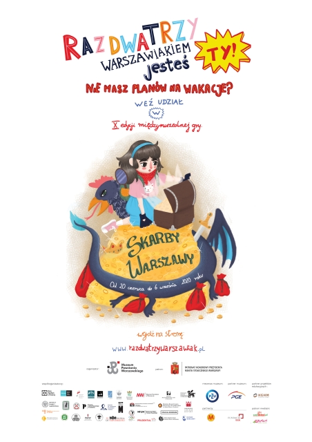 Plakat gry miejskiej 1,2,3 warszawiakiem jesteś Ty, na plakacie dziewczynka przed skrzynią pełną skarbów
