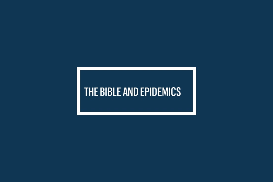 Grafika ilustracyjna. Napis na granatowym tle: The Bible and Epidemics