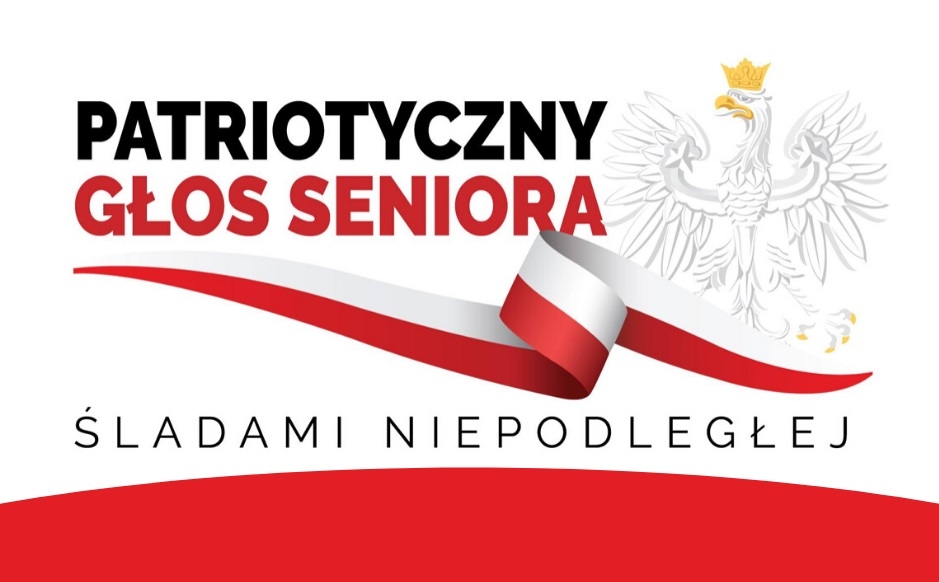 Grafika ilustracyjna: Orzeł w koronie, napis: Patriotyczny Głos Seniora, Śladami Niepodległej