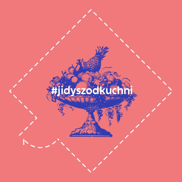 Grafika, na któej widać paterę z owocami w kolorze granatowym, napis #jidyszodkuchnia