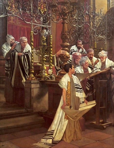 Obraz Oscar Rex zatytułowany "Bar Mitzvah" przedstawia mężczyzn w synagodze i chłopca przy pulpicie, który przechodzi bar micwę