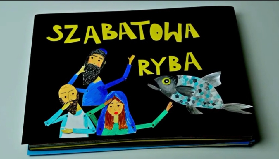 Na obrazku okładka ksiażki "Szabatowa ryba" oraz obrazki przedstawiające rybę oraz trzy osobyz  wyrazem zdziwienia na twarzach