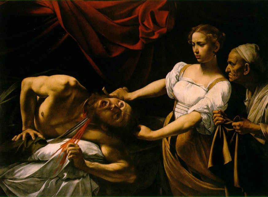 Na obrazie widzimy fragment obrazu "Judyta odcinająca głowę Holofernesowi”, Caravaggio,