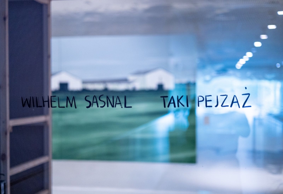Szyba, przez ktora widac obraz "Chlewy" WIlhelma Sasnala. Na szybie napis "Wilhelm Sasnal: Taki pejzaz"